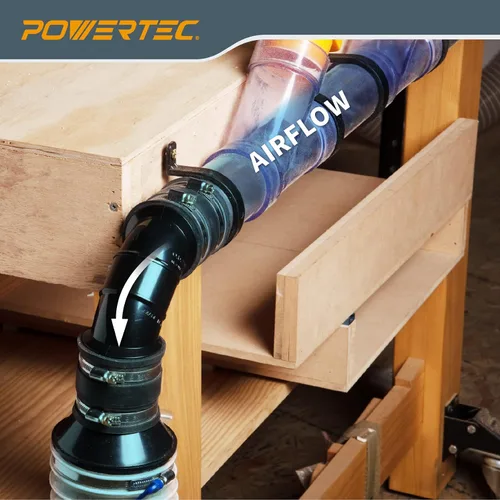 Vista 5 de POWERTEC 70344-P2 2-1/2" OD 90 grados Codo - Conector colector de polvo de plástico ABS (negro), paquete de 2