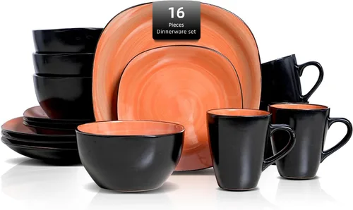 Vista 14 de juego de vajilla de cerámica de 16 piezas en forma cuadrada, interior rosa brillante + exterior negro mate