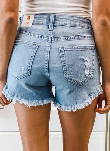 Vista 4 de QACOHU Pantalones cortos de mezclilla casuales de verano para mujer, cintura media, elásticos, rasgados, pantalones cortos casuales