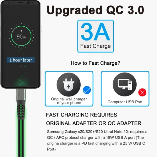 Vista 4 de Cable de carga LED USB C, cable de carga rápida tipo C de 6 pies con iluminación 3A con sincronización de datos, compatible con Samsung, Moto, LG
