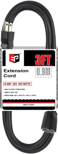 Vista 15 de EP 50 Ft Heavy Duty Outdoor Extension Cord, 12/3 SJTW Black 3-Prong Negro