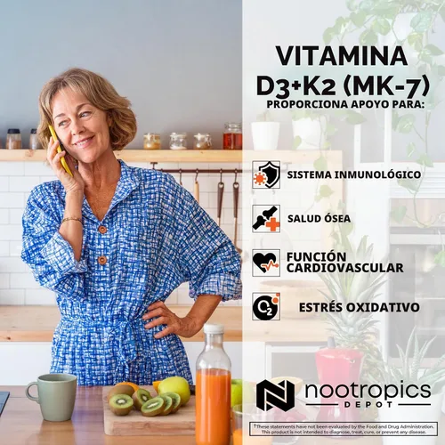 Vista 4 de Nootropics Depot Vitamina D3 + K2 con tabletas de vitamina C 365 unidades 125μg Equivalente a 5000 UI Año de suministro