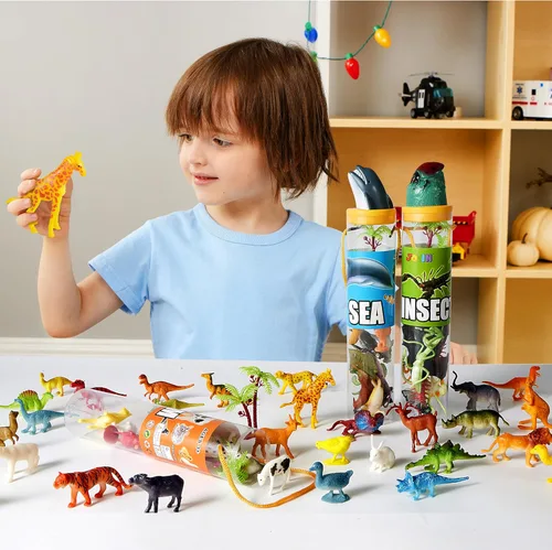 Vista 7 de JOYIN 69 figuras de animales pequeños, mini juego de juguetes de selva con cubo sensorial, juego realista de bosque salvaje, zoológico, océano
