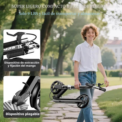 Vista 5 de Patinetes para niños de 8 a 12 años, adolescentes y adultos, ligeros, plegables, ruedas grandes de 8 pulgadas, freno de mano y campana, 4 niveles