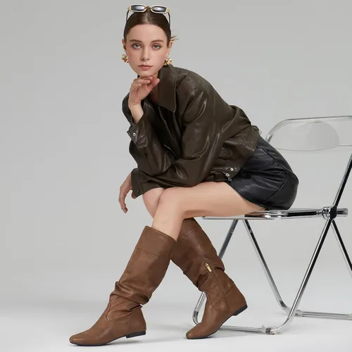 Vista 9 de Rollda Botas altas hasta la rodilla para mujer, botas planas con cremallera lateral, botas de otoño para mujer