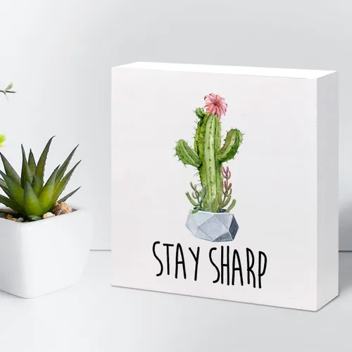 Vista 5 de z-crange Letrero inspirador de madera con texto en inglés "Stay Sharp", caja de madera motivacional para el hogar, granja, oficina, dormitorio
