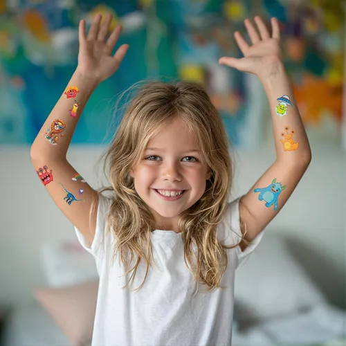 Vista 5 de Tatuajes temporales para niños, 60 piezas de tatuajes falsos de diseños geniales para niños, calcomanías temporales seguras e impermeables, la mejor