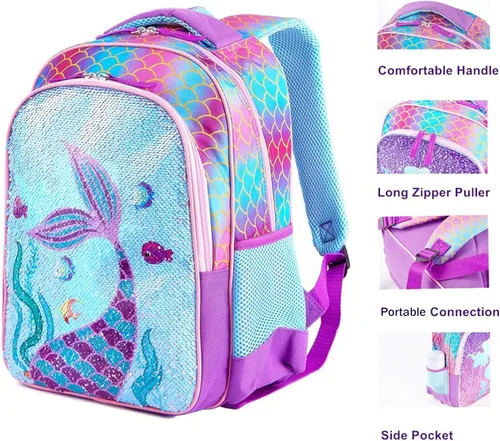 Vista 5 de Mochila escolar de lentejuelas ligera para niños pequeños con bolsa de almuerzo para preescolar jardín de infantes y primaria, Sirena con bolsa