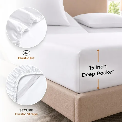 Vista 7 de SGI bedding Sábana Queen de 28 pulgadas con cabecera flexible y parte superior dividida, 100% algodón egipcio - 600 número de hilos, sábanas de 01