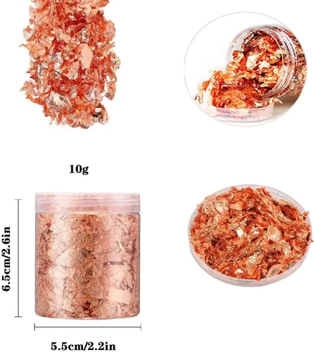 Vista 2 de Copos Schabin de oro rosa, copos de lámina metálica de cobre de 0.35 onzas para arte de uñas, pintura, manualidades, fabricación de joyas de limo