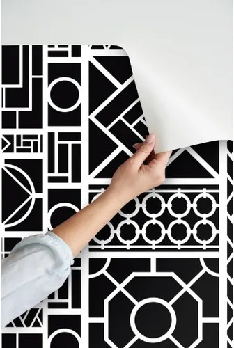Vista 3 de Spoonflower Pelar y pegar muestra de papel tapiz - Enrejado Negro Círculos Blancos Graffiti Chinoiserie Palm Beach China Papel pintado extraíble