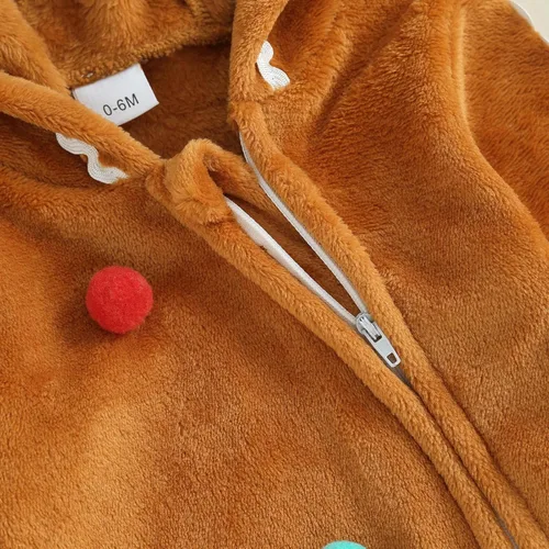 Vista 5 de BULINGNA Disfraz de pan de jengibre para bebé, niño y niña, manga larga, con cremallera, con capucha, traje de Navidad