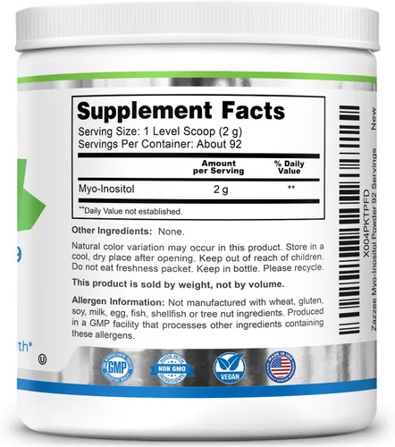 Vista 9 de Zazzee Myo-inositol en polvo, suministro para 3 meses, 92 porciones, 2000 mg por porción, cuchara gratis para dosis exacta, 6.49 onzas, certificado