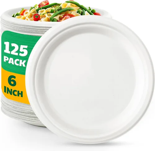Vista 9 de 125 unidades de platos de papel compostables, platos desechables resistentes de 6 pulgadas por bagazo biodegradable, platos de postre a granel