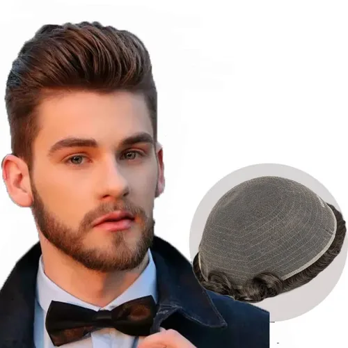 Vista 13 de Amiable Toupee para hombres, cabello humano, encaje francés, sistemas de reemplazo de cabello para hombre, suave blanqueado, frontal, aspecto #1