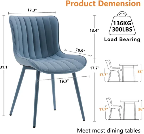 Vista 2 de YOUNUOKE - Juego de 2 sillas de comedor modernas de mediados de siglo, piel sintética azul Faux leather upholstery with blue metal legs. Fits