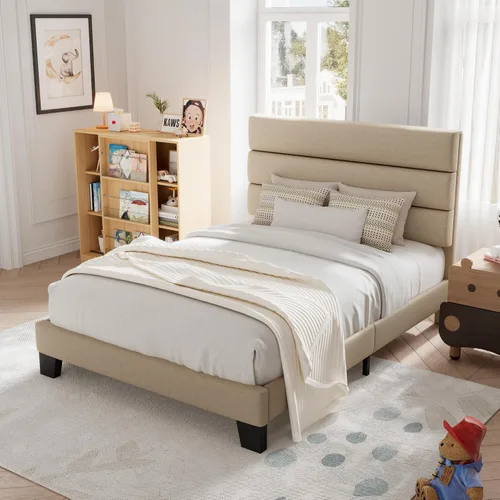 Vista 8 de Allewie Base de cama de plataforma de tamaño individual con cabecera tapizada de tela y soporte de listones de madera, base de colchón totalmente