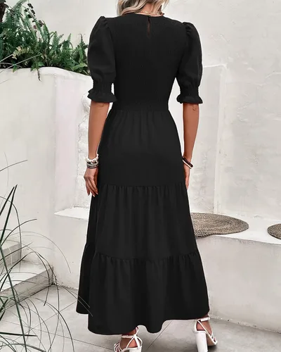 Vista 42 de BTFBM Vestidos para mujer, cuello redondo, casual, de verano, con volantes, manga corta, bohemio, con niveles, fruncido, largo, con estampado floral