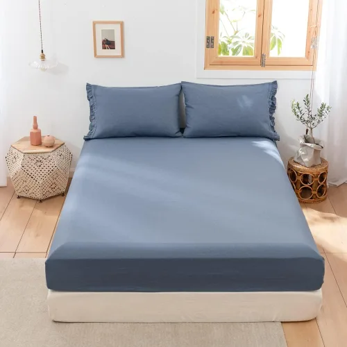 Vista 6 de Simple&Opulence Sábana bajera ajustable de lino (1 pieza), funda de colchón de 14 pulgadas de profundidad, mezcla de algodón natural, suave y Azul