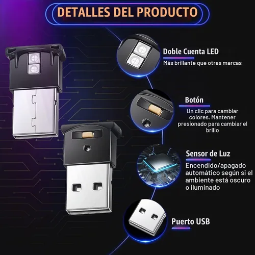 Vista 3 de Frienda 2 piezas de mini luz LED USB, iluminación interior LED para automóvil, 5 V, luz de ambiente USB inteligente, teclado para computadora