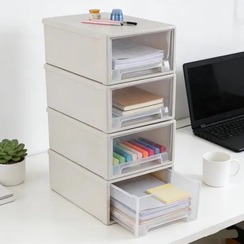 Vista 6 de Xyskin Paquete de 4 cajones apilables compactos de plástico de 12 cuartos de galón, caja apilable de almacenamiento de escritorio Stackable Unit