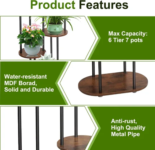 Vista 7 de Soporte para plantas de interior – Soporte para plantas de 6 niveles para 7 macetas, estante para plantas de flores, estante grande de madera