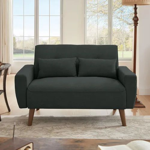 Vista 3 de Sofá de dos plazas con dos cojines, sofá estilo loveseat moderno de mediados de siglo para sala de estar, tela de lino, 48" (Negro)