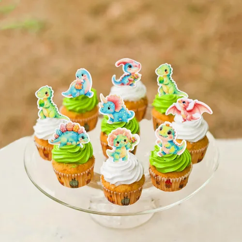 Vista 4 de 40 piezas comestible pastel de dinosaurio para cupcakes, acuarela, dinosaurios, baby shower, cupcakes, decoración de cumpleaños, suministros