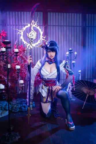 Vista 3 de Moalioi Raiden Shogun - Disfraz de cosplay de Raiden, traje de mujer con peluca