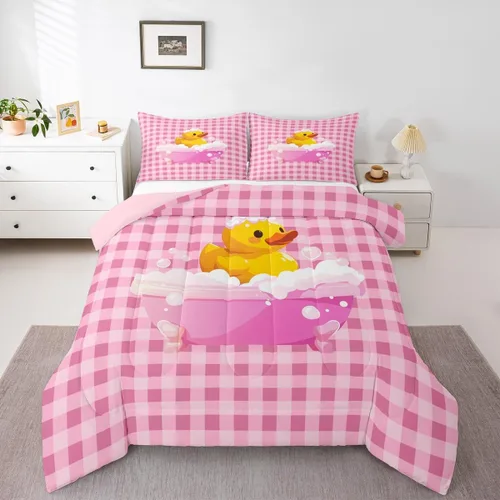 Vista 42 de Erosebridal Juego de ropa de cama a cuadros azul para niños, juego de cama individual con diseño de patos amarillos de dibujos animados, juego