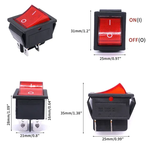 Vista 2 de Taiss 5 interruptores basculantes DPST ON/OFF de 4 pines 2 posiciones 16A 250VAC/20A 125VAC con luz roja iluminada interruptor de palanca basculante