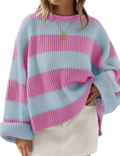 Vista 74 de ZESICA Suéter tejido sin botones de manga larga y cuello redondo, a rayas, bloques de color, cómodo, holgado, talla extragrande para mujer de 2024