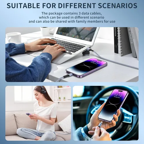 Vista 6 de Paquete de 3 cargadores para iPhone de 10 pies con certificación MFi de Apple, cable Lightning trenzado de nylon de carga rápida, cable de carga USB