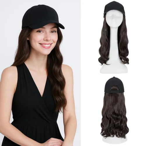 Vista 17 de SEGO - Peluca de gorra con pelo adjunto para mujer, gorra negra de béisbol con extensiones de pelo, gorra de béisbol larga y ondulada con ajuste