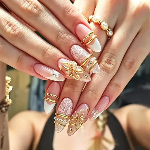 Vista 21 de Uñas postizas medianas a presión de almendra para mujer, uñas postizas Color-2