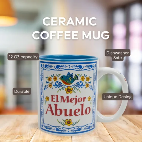 Vista 4 de Taza El Mejor Abuelo – Regalos únicos de Abuelo en español – Taza de cerámica duradera de 12 onzas con esmalte azul – Taza para el mejor abuelo