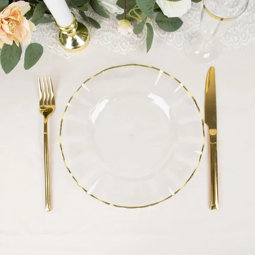 Vista 43 de Tableclothsfactory Paquete de 10 platos redondos de plástico negro de 6 pulgadas para ensalada de postre, platos desechables con borde ondulado