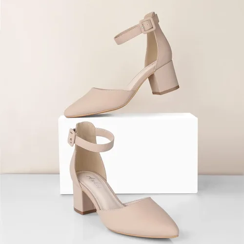 Vista 6 de Ankis Tacones cerrados para mujer, tacones puntiagudos negros nude, dorados, plateados, de bloque bajo, gruesos, con correa para el tobillo, 2.25