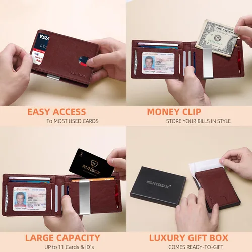 Vista 189 de RUNBOX - Carteras delgadas para hombre, cartera de piel con pinza para el dinero, cartera de bolsillo frontal con bloqueo RFID, tarjetero
