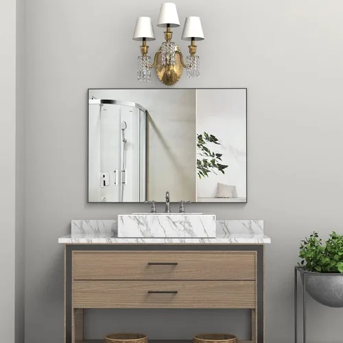 Vista 17 de Espejo de pared con estante para baño, 28 x 18 pulgadas, marco negro, espejos de pared para colgar horizontal o vertical, espejos modernos de pared