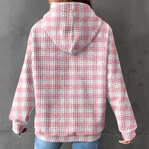 Vista 6 de Ceboyel Sudaderas con capucha de punto gofre para mujer, sudaderas con cordón de ajuste, suéteres casuales de moda, cómodos trajes de otoño