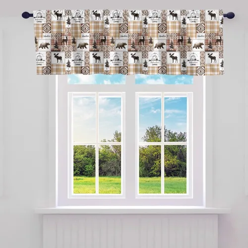 Vista 9 de Cortinas de cenefa de cabaña estilo retro, color negro y rojo, rayas de madera, cenefas de ventana para niños, adolescentes y adultos, oso salvaje