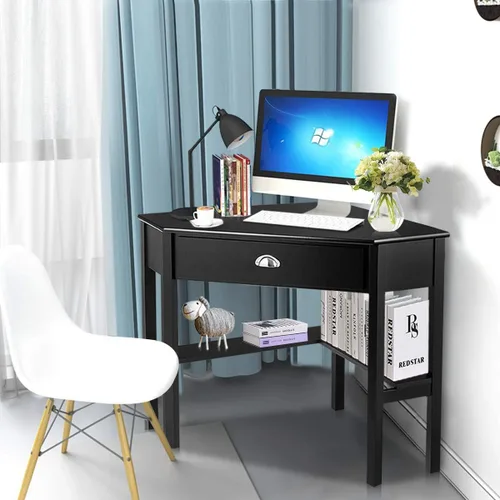 Vista 5 de RELAX4LIFE Escritorio esquinero para computadora triangular con cajón y estantes, mesa estable para computadora portátil, escritorio para oficina