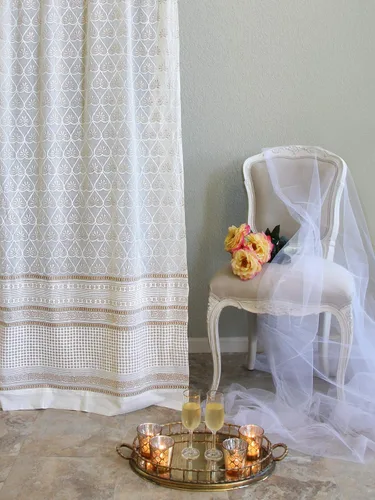 Vista 39 de Panel de cortina transparente blanco y dorado con alzapaños, 100% gasa de algodón, con pestaña superior o bolsillo para barra para decoración