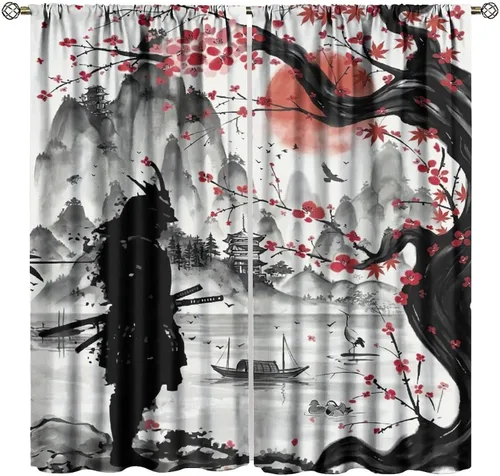 Vista 29 de Cortinas de cerezo, paisaje japonés, árbol de cerezo natural, primavera, dormitorio, sala de estar, ventana, 2 juegos de paneles, 42 x 45 pulgadas
