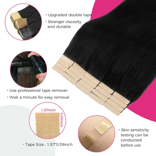 Vista 4 de Extensiones de cabello Lashey de 14 pulgadas; extensiones de cabello humano real lacio color negro azabache con trama adhesiva para mujeres, 20