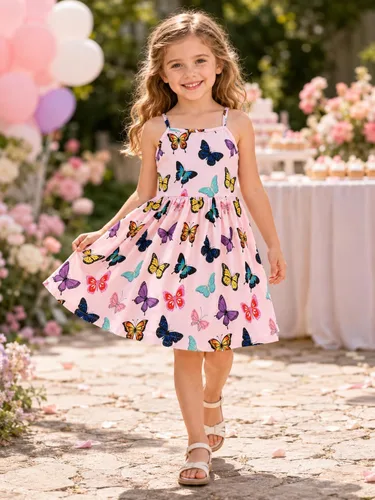 Vista 3 de Vestido de verano para niños pequeños, con tirantes delgados, sin espalda, con lazo, para cumpleaños, playa, vestido de playa A-Butterfly