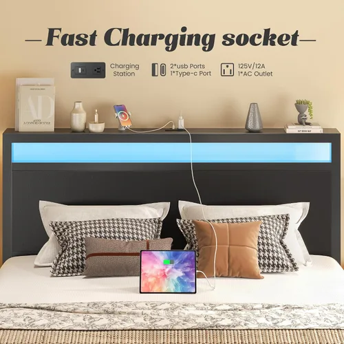 Vista 3 de Fluest Queen Bed Frame with Headboard & Footboard, Bed Frame with Built-in Charging Station & LED Light, Storage Shelf, Noise-Free, No Box Spring