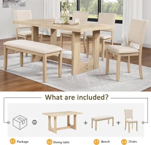 Vista 3 de LUMISOL Juego de mesa de comedor de 6 piezas con banco, juego de mesa de cocina rectangular con base en forma de U, 4 sillas tapizadas y banco