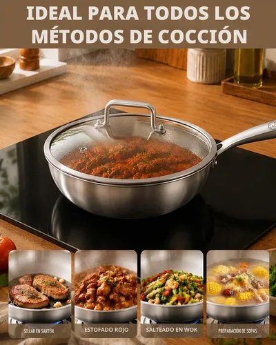 Vista 7 de LOLYKITCH Wok Pan de acero inoxidable de tres capas de 11 pulgadas con tapa